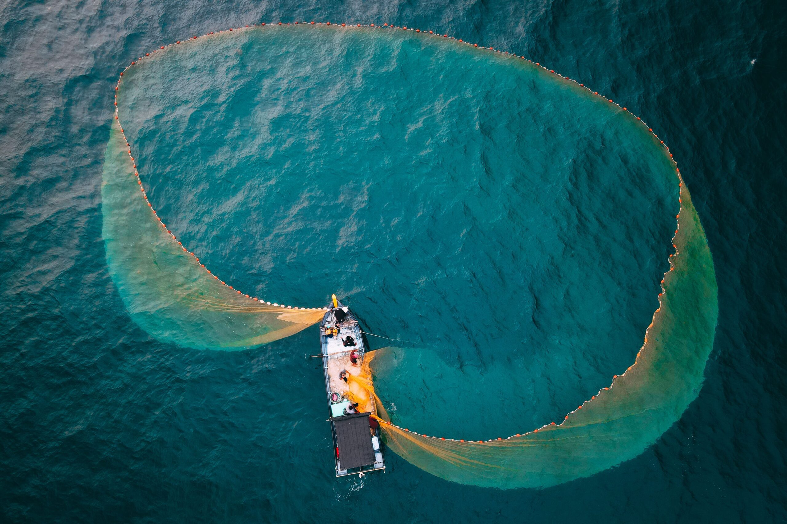 A captivating aerial shot of a fishing boat casting a large net in turquoise waters, showcasing the beauty of maritime life.
